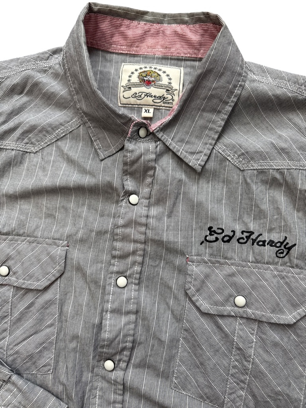 Ed Hardy Plaid Pirate Ship Embroidered Snap Down Button Up Shirt Men XL Y2K